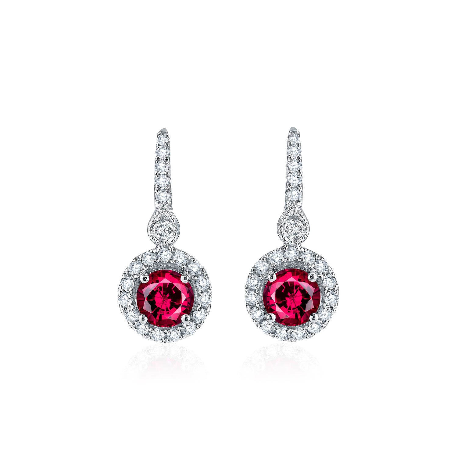 Sabel Collection White Gold Ruby and Diamond Halo Drop Earrings